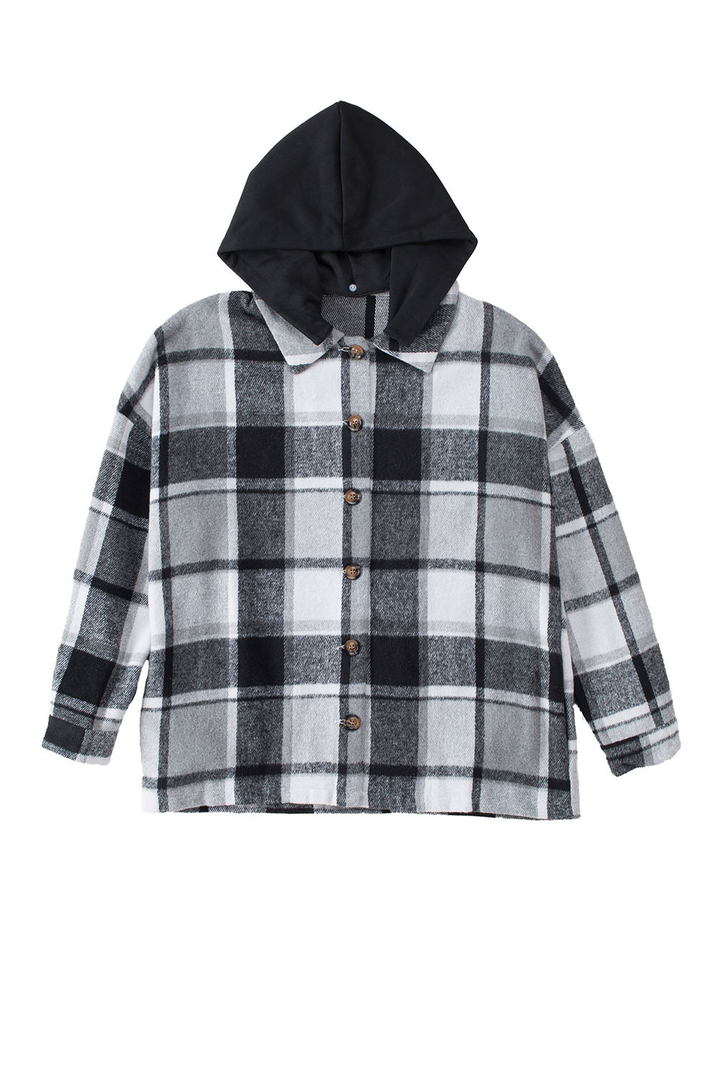 Gray Plaid Button Front Drop Sleeve Hooded Shacket