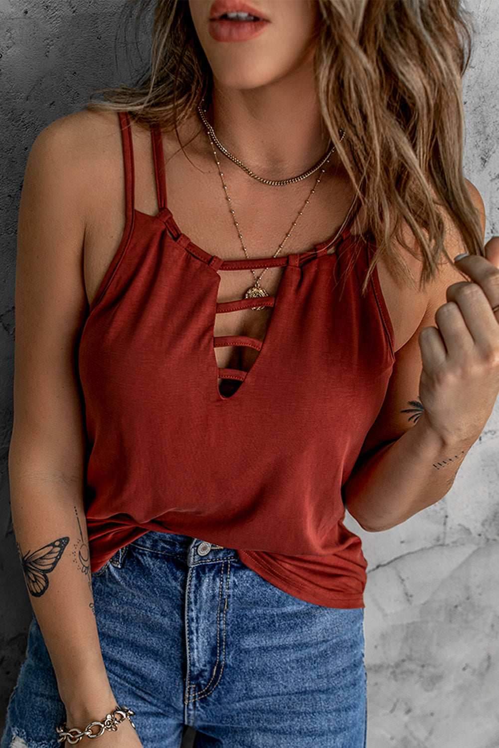 Wine Red Ladder Hollow-out Tank Top