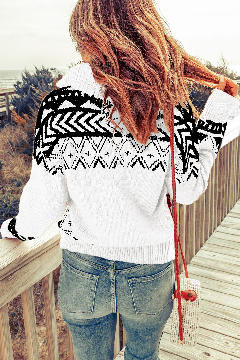 White and Black Geometric Collared Quarter Zip Sweater