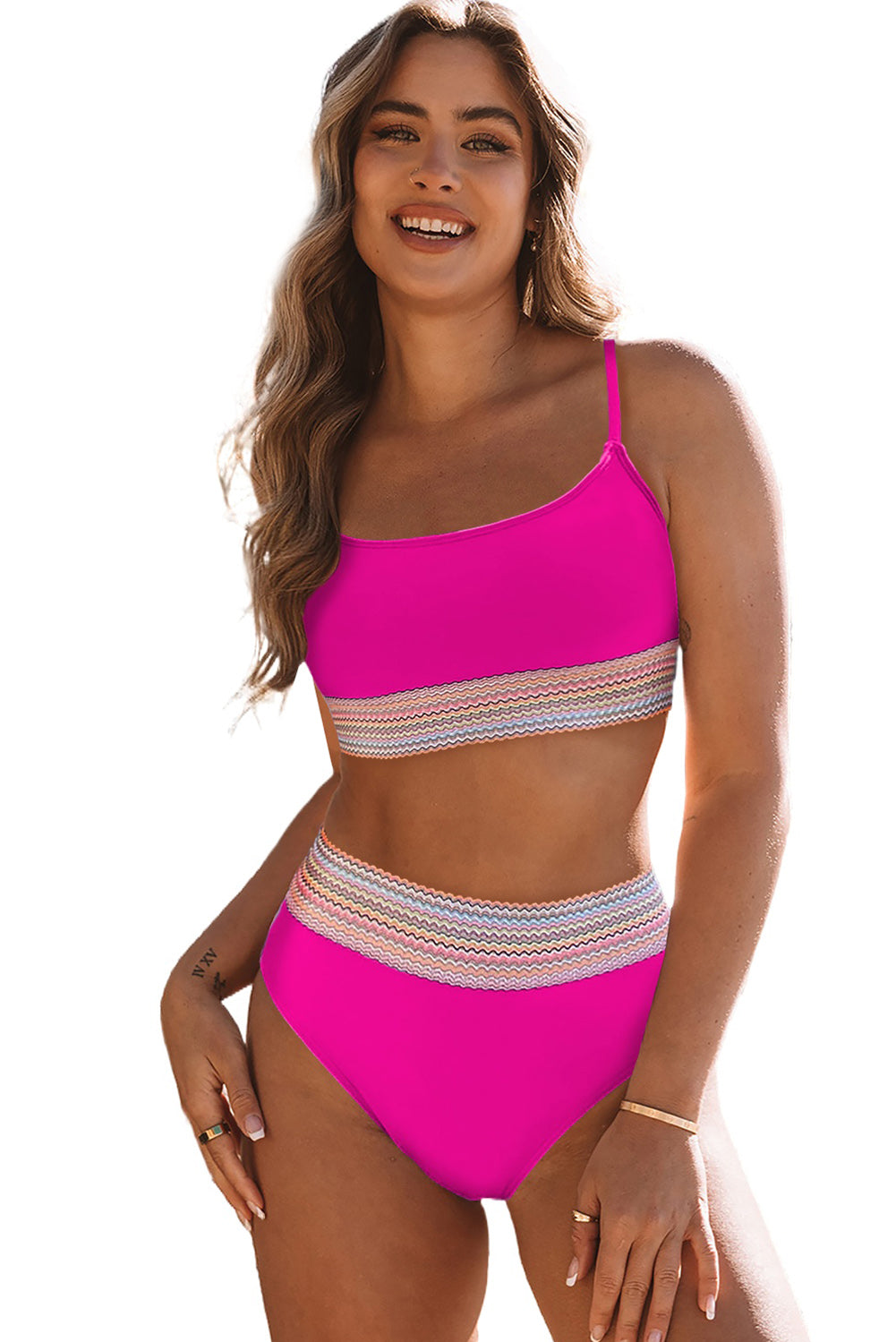 Striped Patchwork Spaghetti Strap High Waist Two Piece Swimsuit