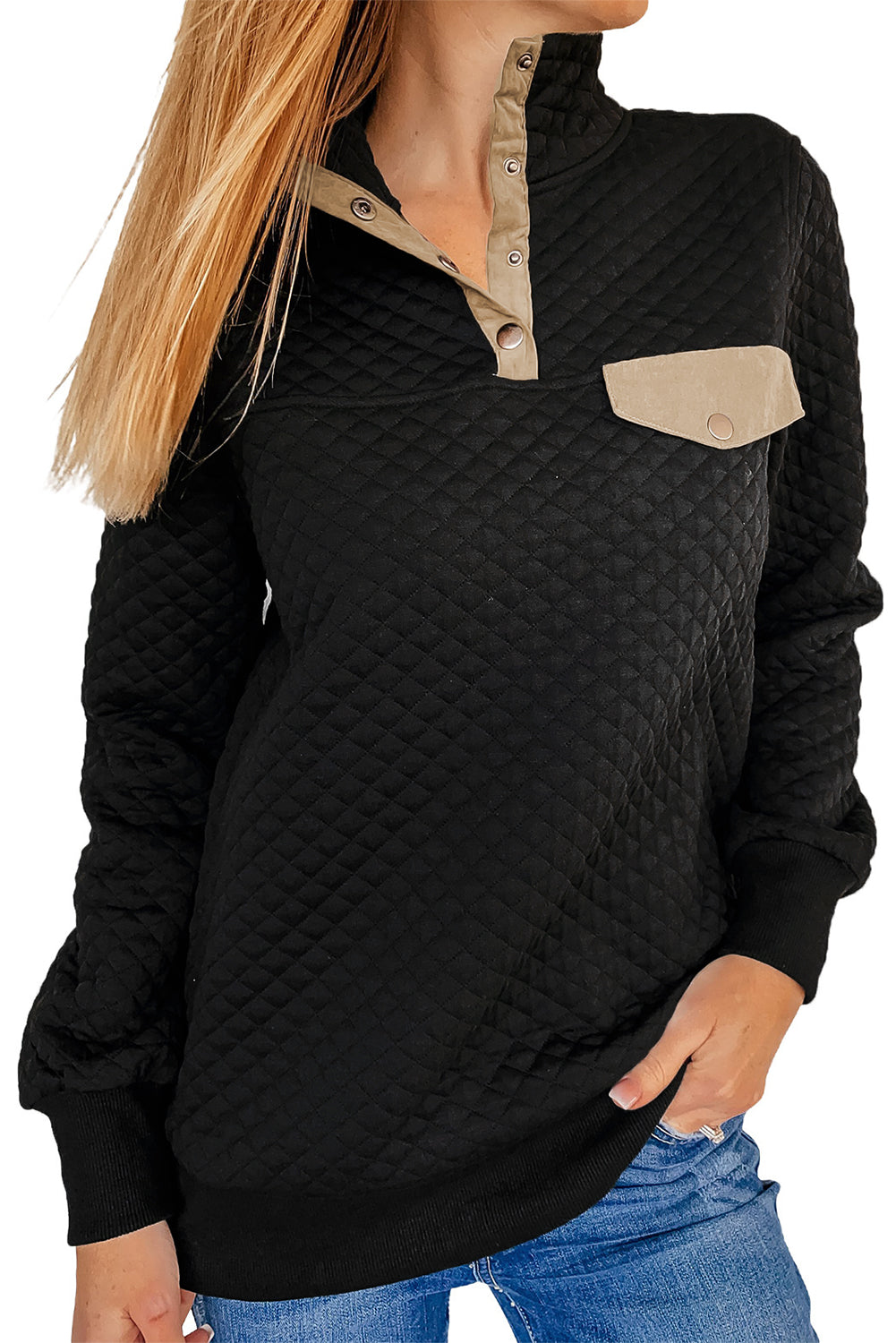 Black Stand Collar Quilted Snap Button Sweatshirt