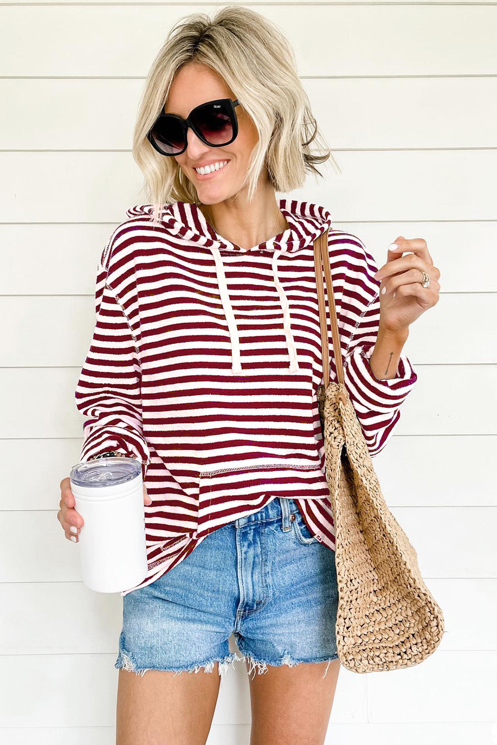 Stripe Print Kangaroo Pocket Drawstring Hoodie