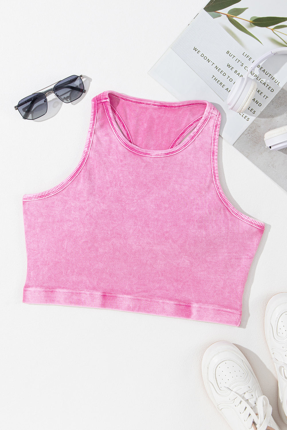 Purple Ribbed Mineral Wash Racerback Cropped Tank Top