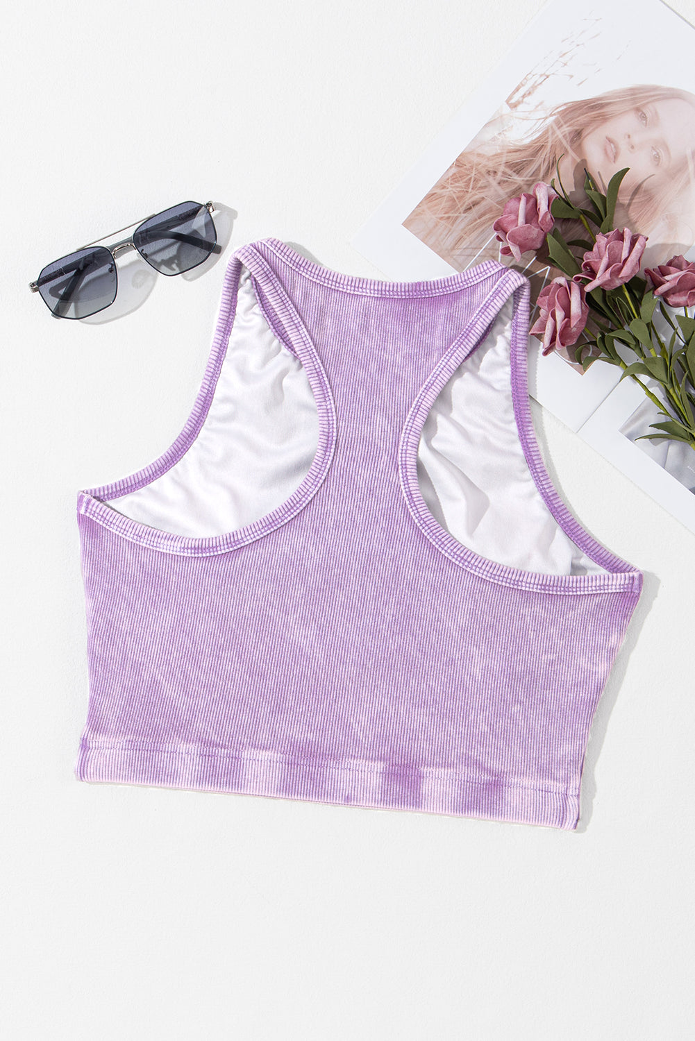 Purple Ribbed Mineral Wash Racerback Cropped Tank Top