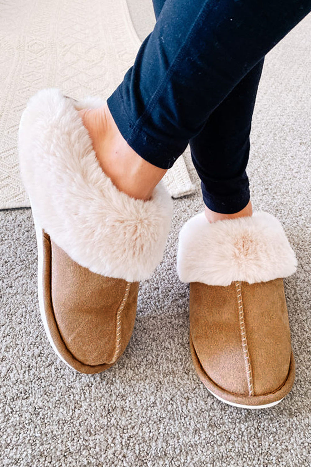 Camel Suede Plush Patchwork Thick Sole Slippers