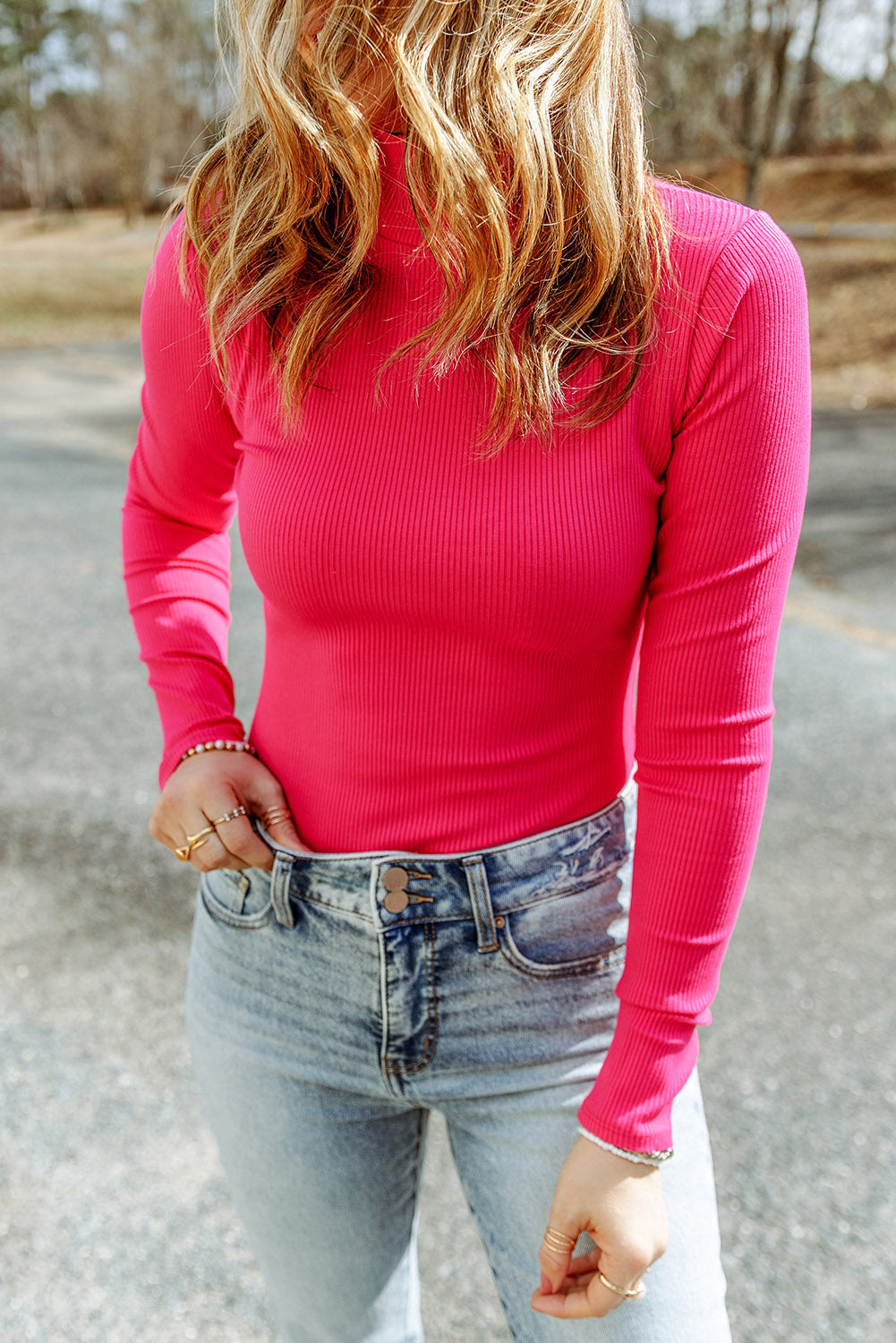 Rose Solid Color Ribbed Long Sleeve Mock Neck Top