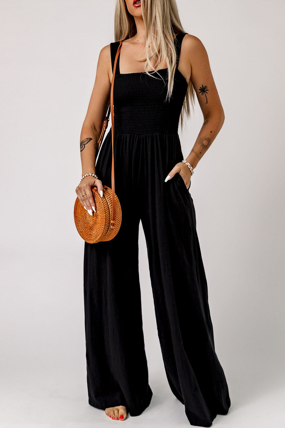 Casual Smocked Sleeveless Wide Leg Jumpsuit With Pockets