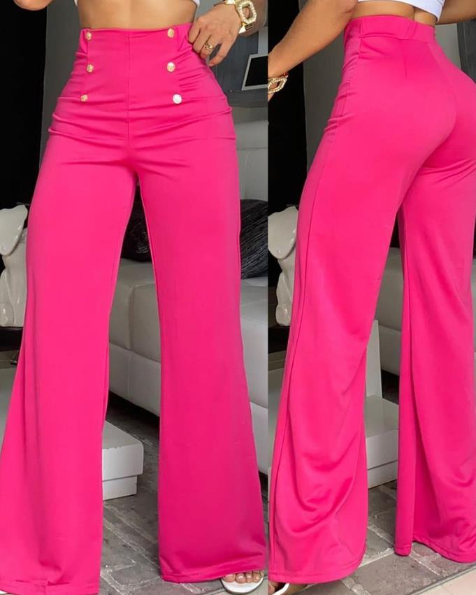Women's New Breasted Decorative Wide Leg Pants Rose Red Pants