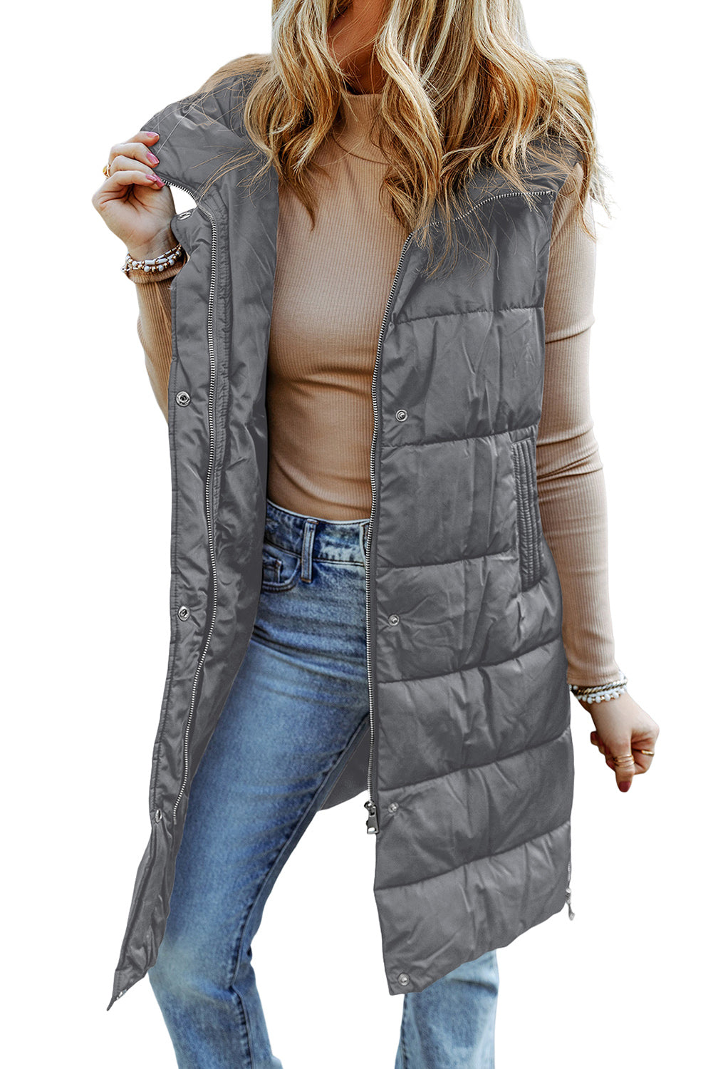 Brown Hooded Pocketed Quilted Long Vest Coat