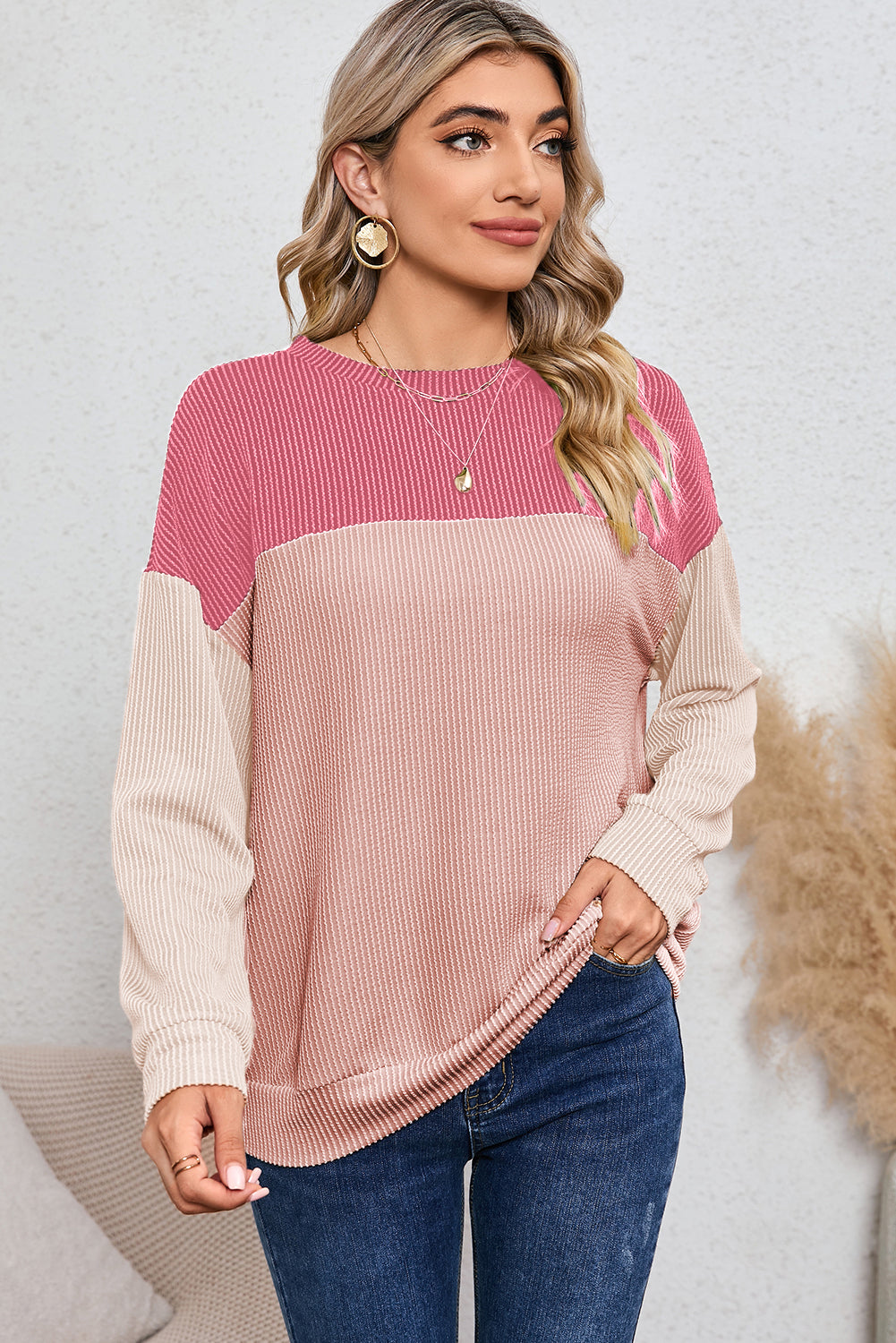 Red Color Block Cording Loose Long Sleeve Top