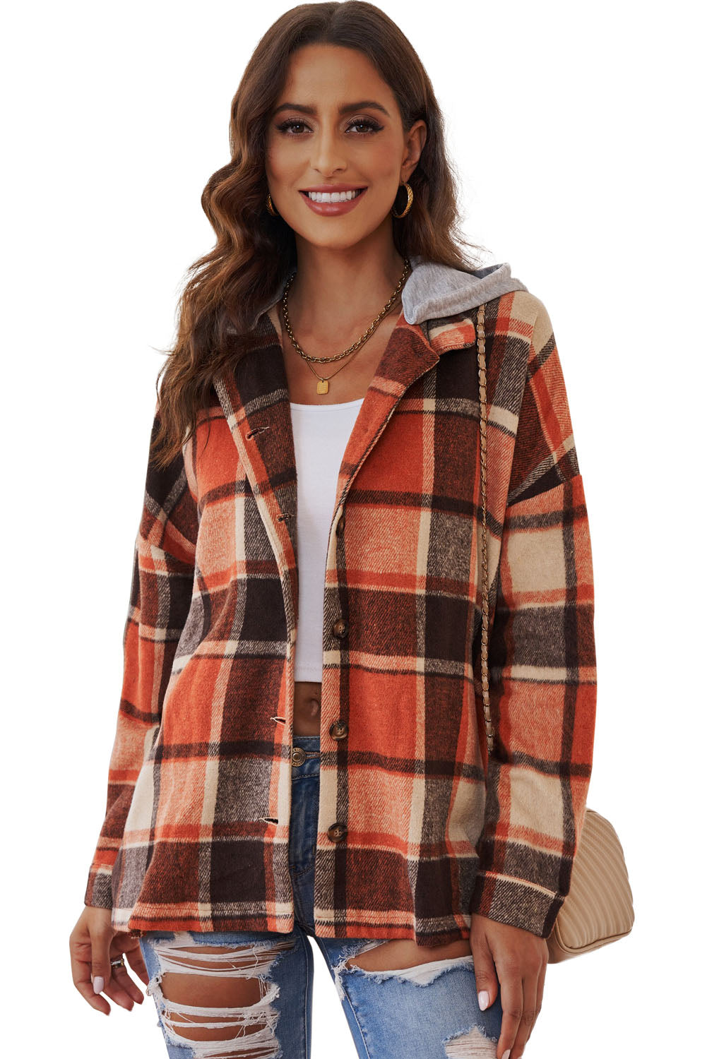 Gray Plaid Button Front Drop Sleeve Hooded Shacket