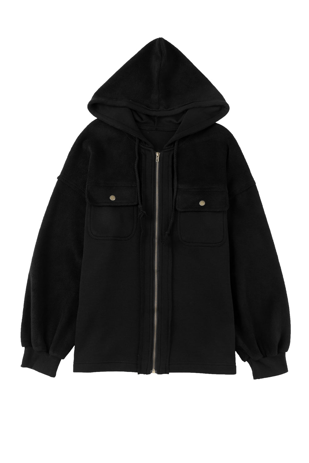 Black Bishop Sleeve Zip Up Hoodie Jacket with Flap Pockets