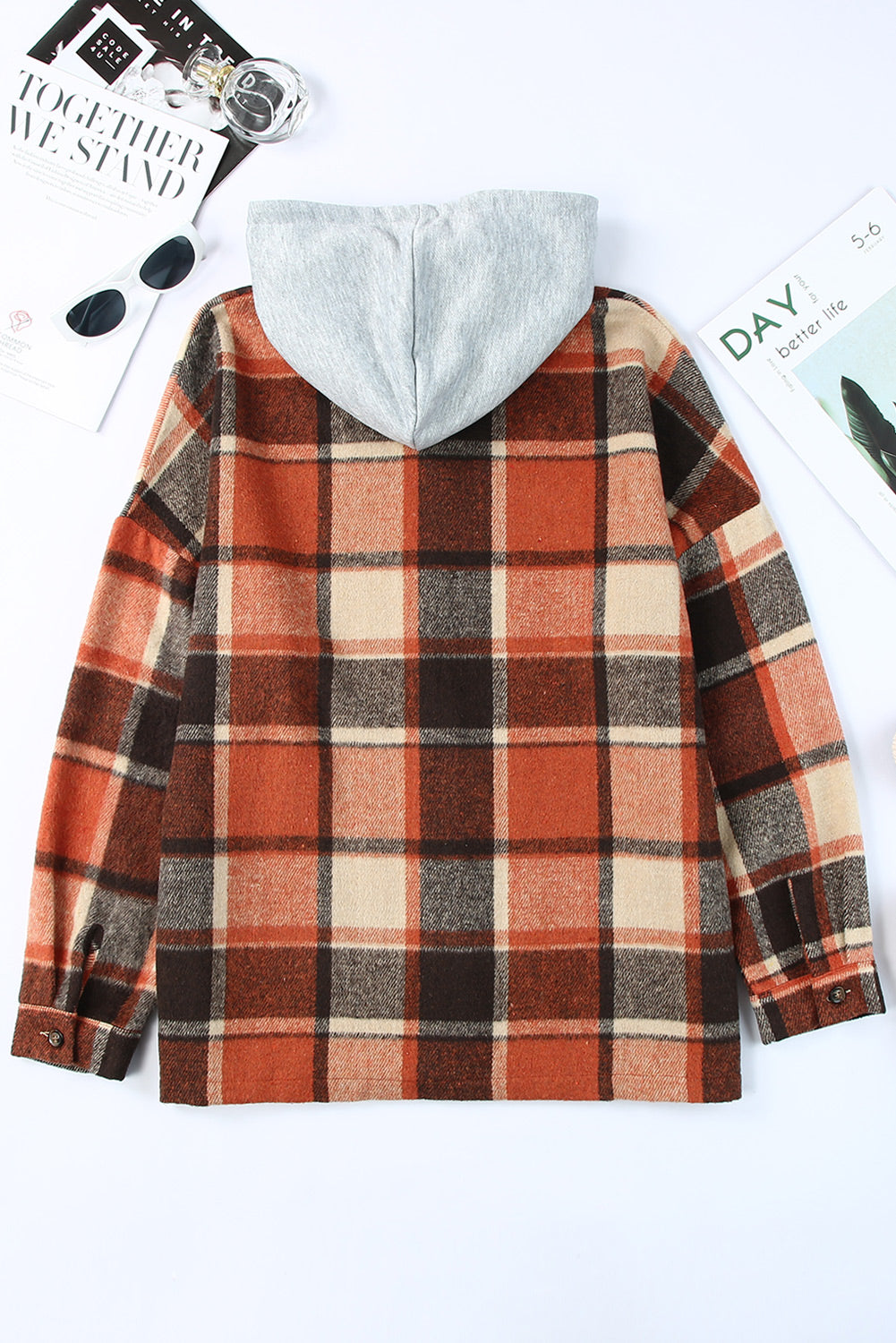 Gray Plaid Button Front Drop Sleeve Hooded Shacket