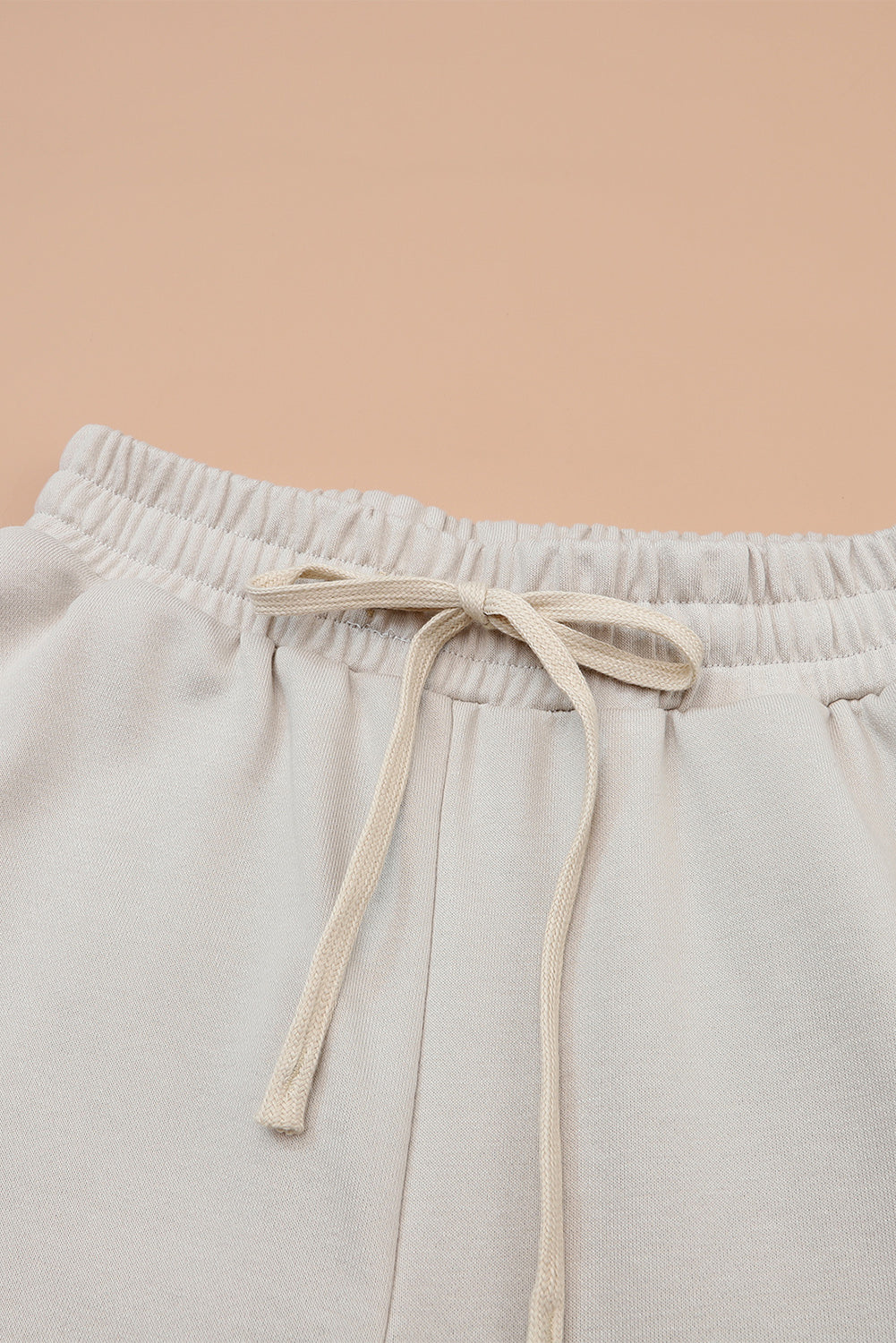 Beige Plain Long Sleeve Top & Drawstring Pants Two Piece Pants Set