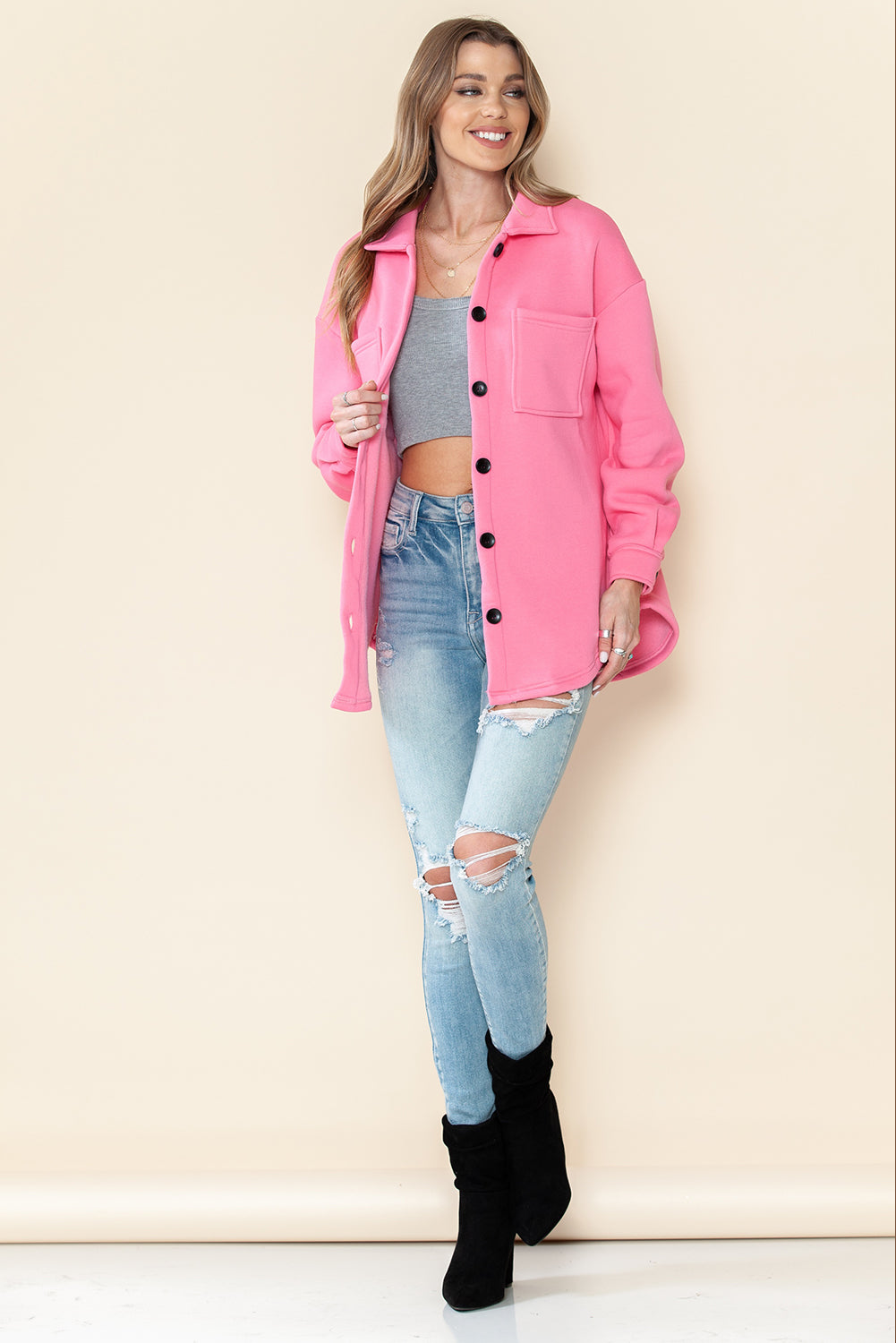 Pink Collared Pockets Button Up Jacket