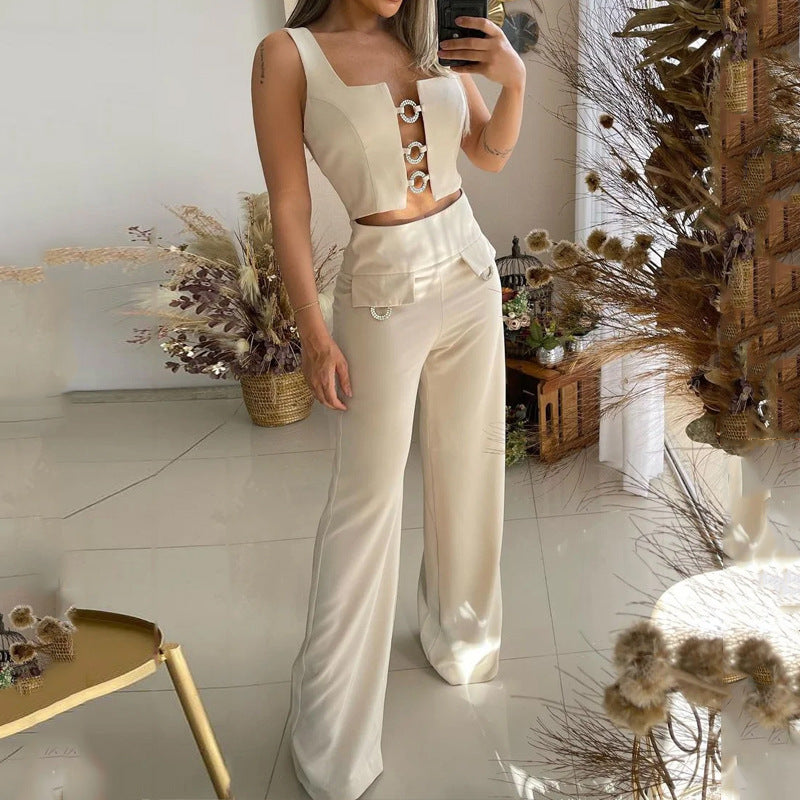 Square Collar Top Loose Flared Pants Two-piece Set