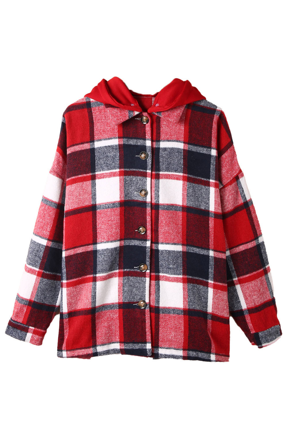 Gray Plaid Button Front Drop Sleeve Hooded Shacket