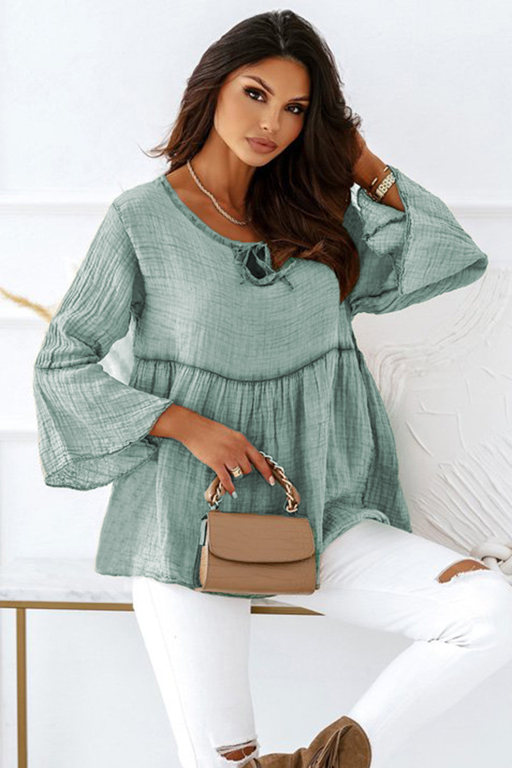 Crinkle Lace Up Round Neck Bell Sleeve Blouse