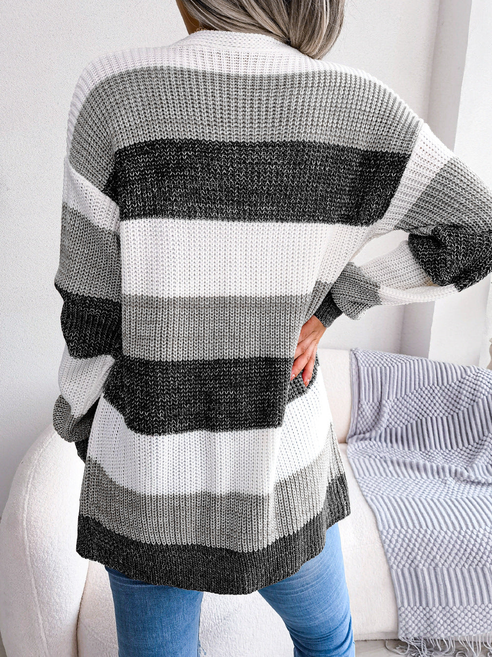 Plaid Sweater Women Casual Lantern Sleeves Cardigan Jacket Outerwear