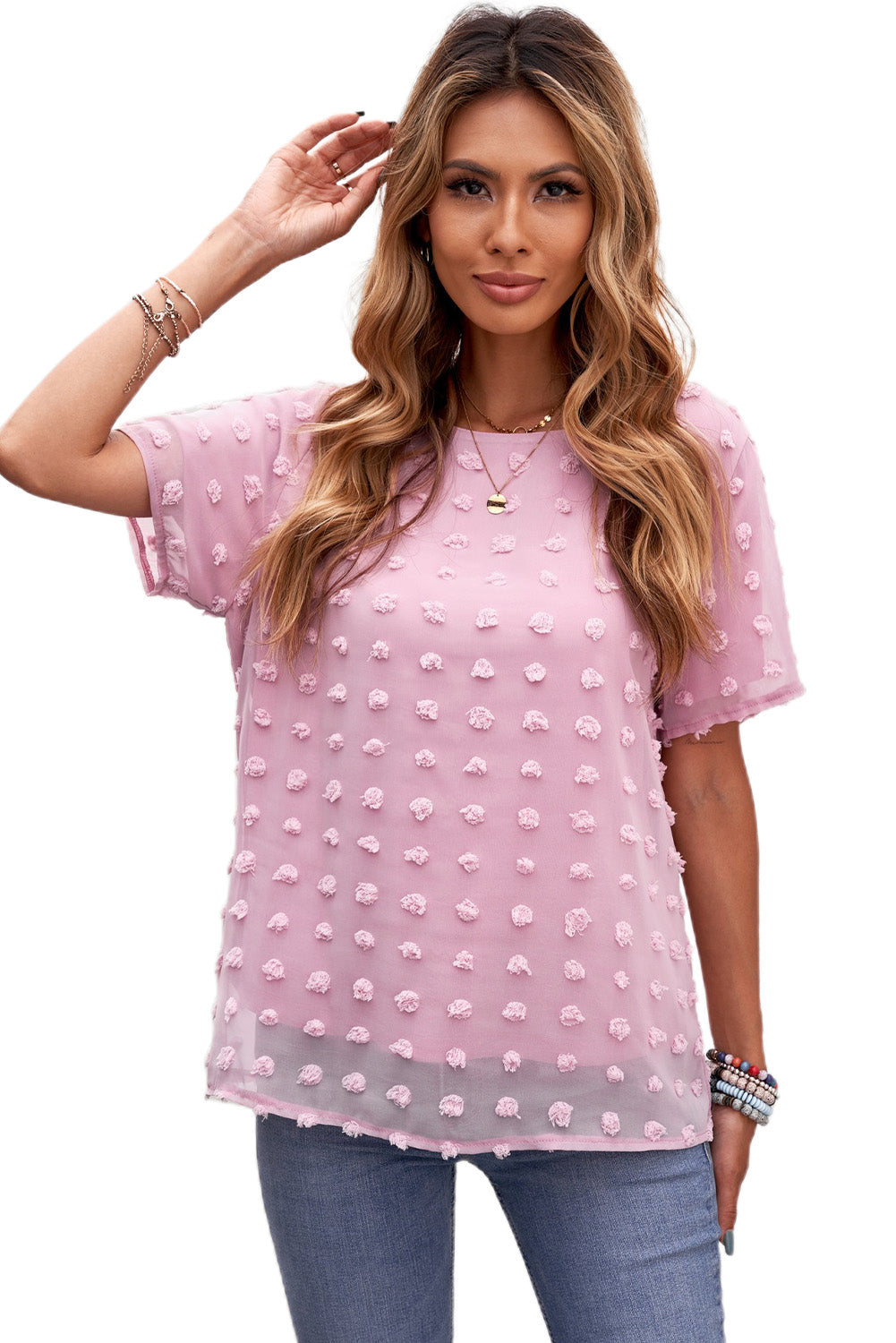 Light Pink Swiss Dot Short Sleeve Summer Top for Women