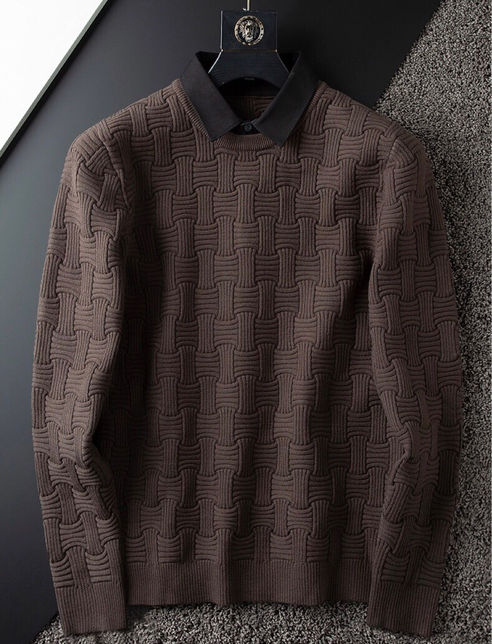 Men's Slim Pullover Fake Two Shirt Neck Sweater