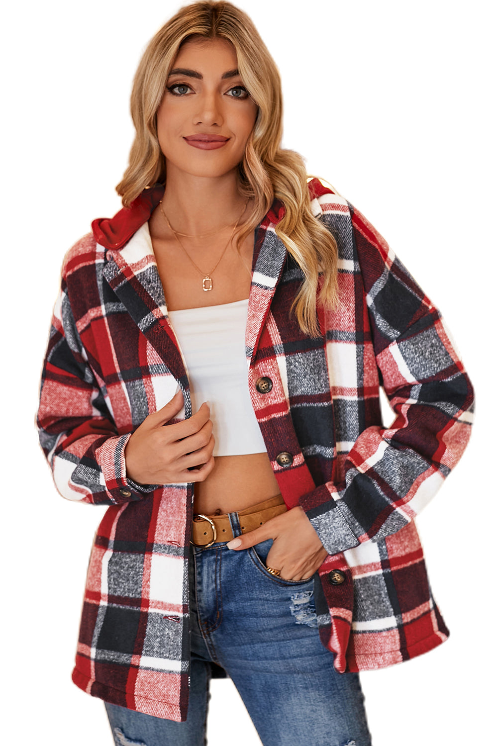 Gray Plaid Button Front Drop Sleeve Hooded Shacket