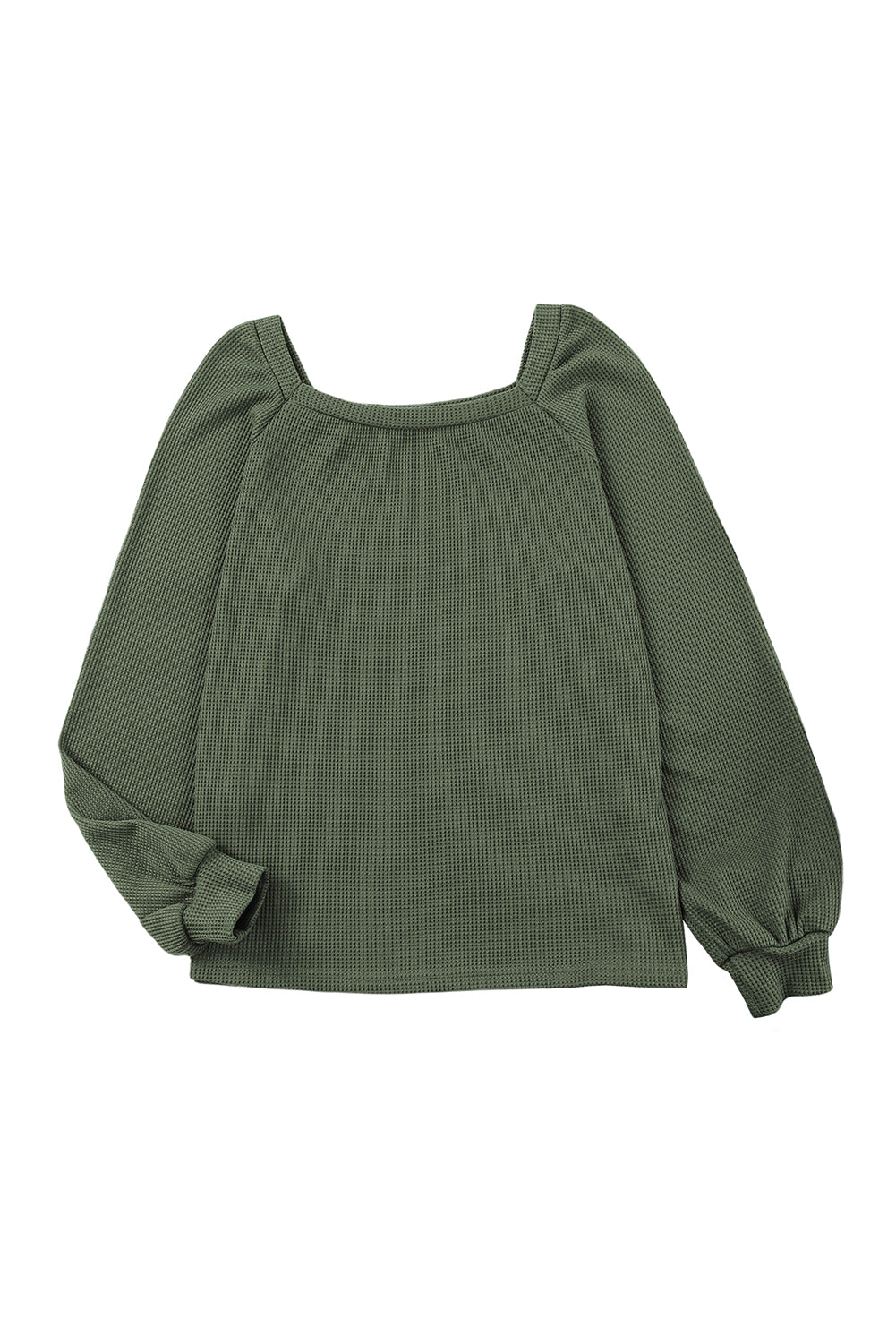 Green Plain Waffle Knit Bishop Sleeve Square Neck Top