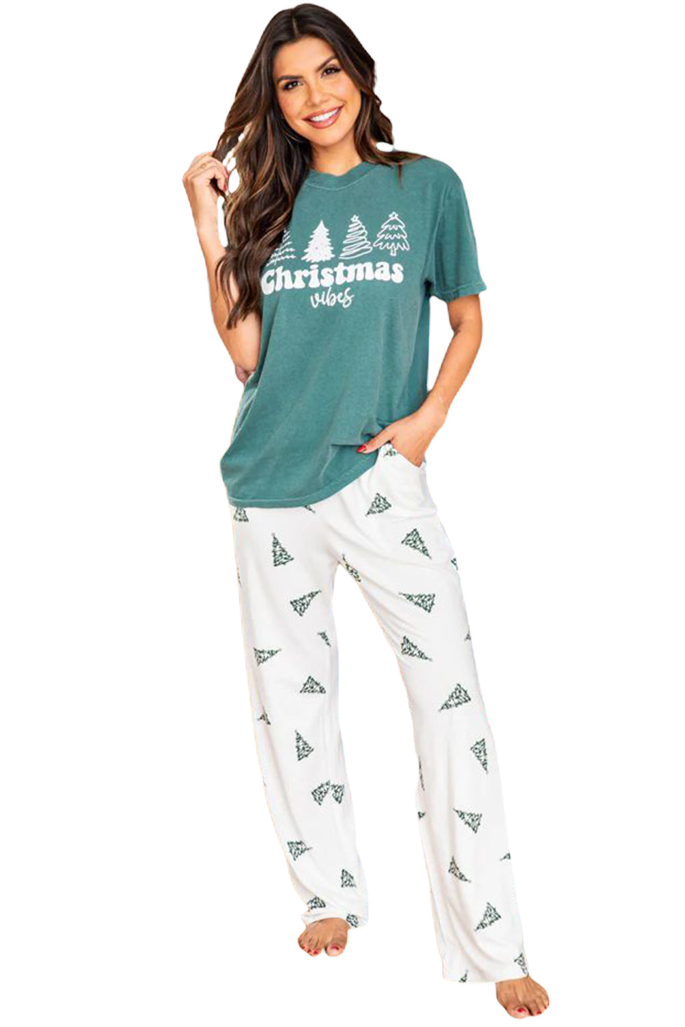 Green Christmas Tree Print Tee & White Pants Loungewear Set