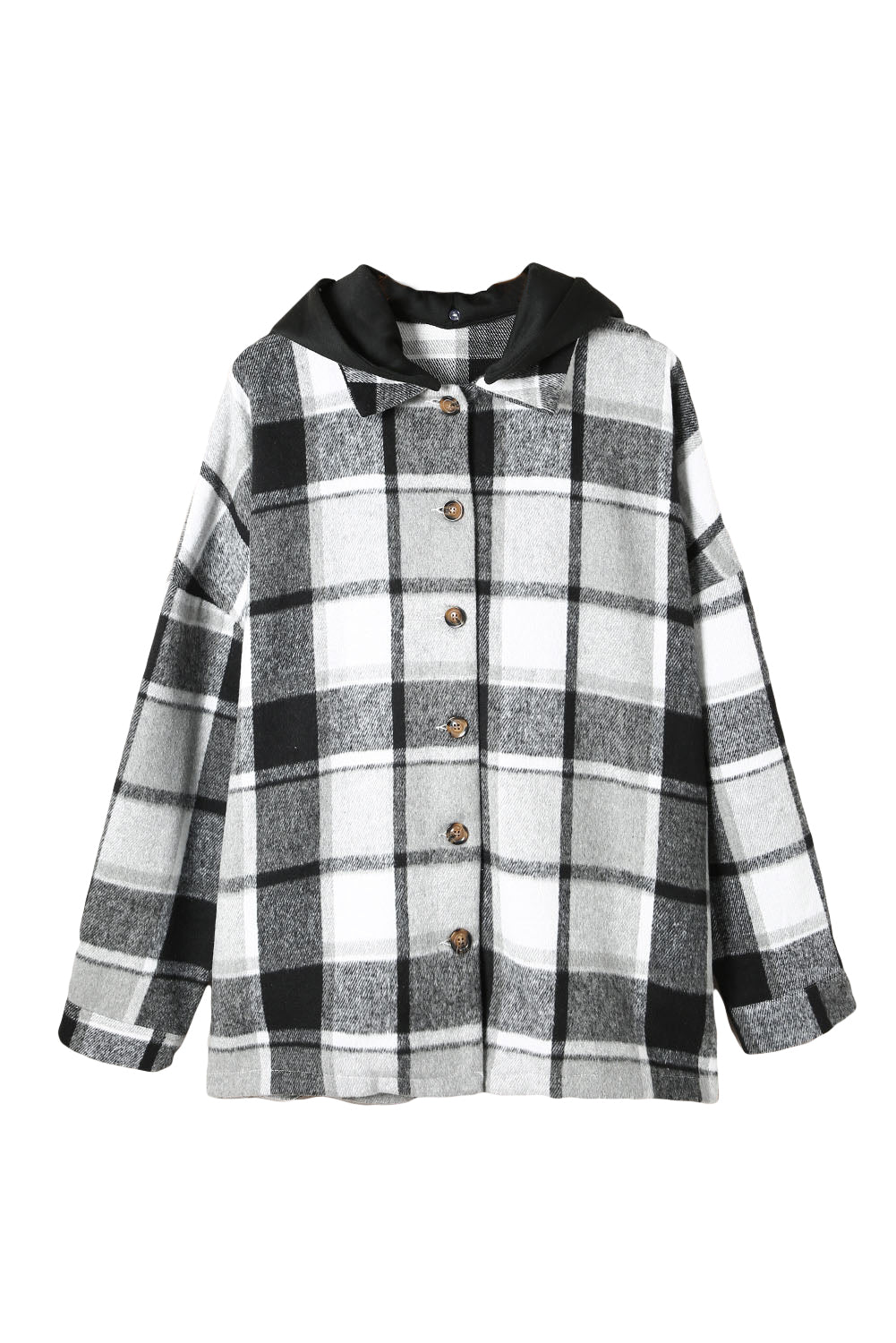 Gray Plaid Button Front Drop Sleeve Hooded Shacket