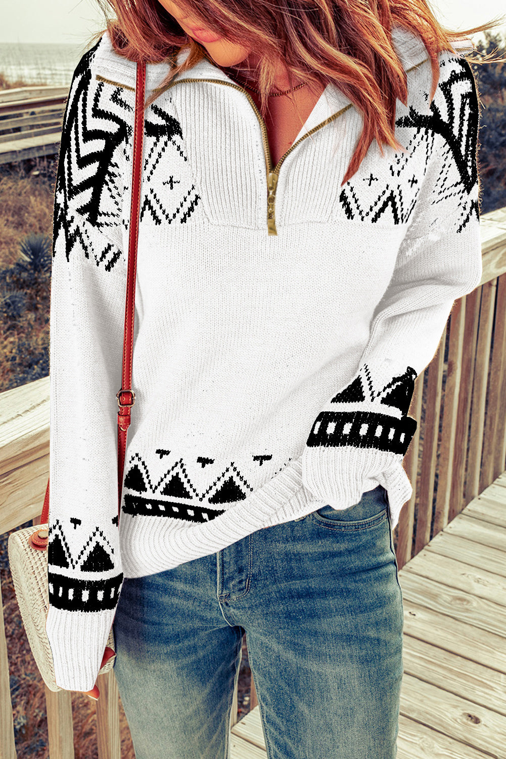 White and Black Geometric Collared Quarter Zip Sweater