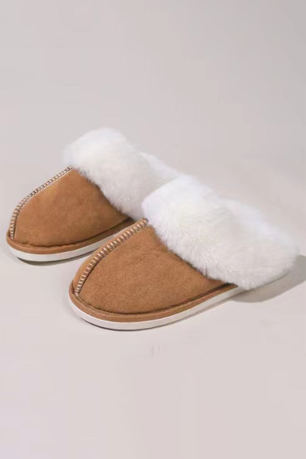 Camel Suede Plush Patchwork Thick Sole Slippers