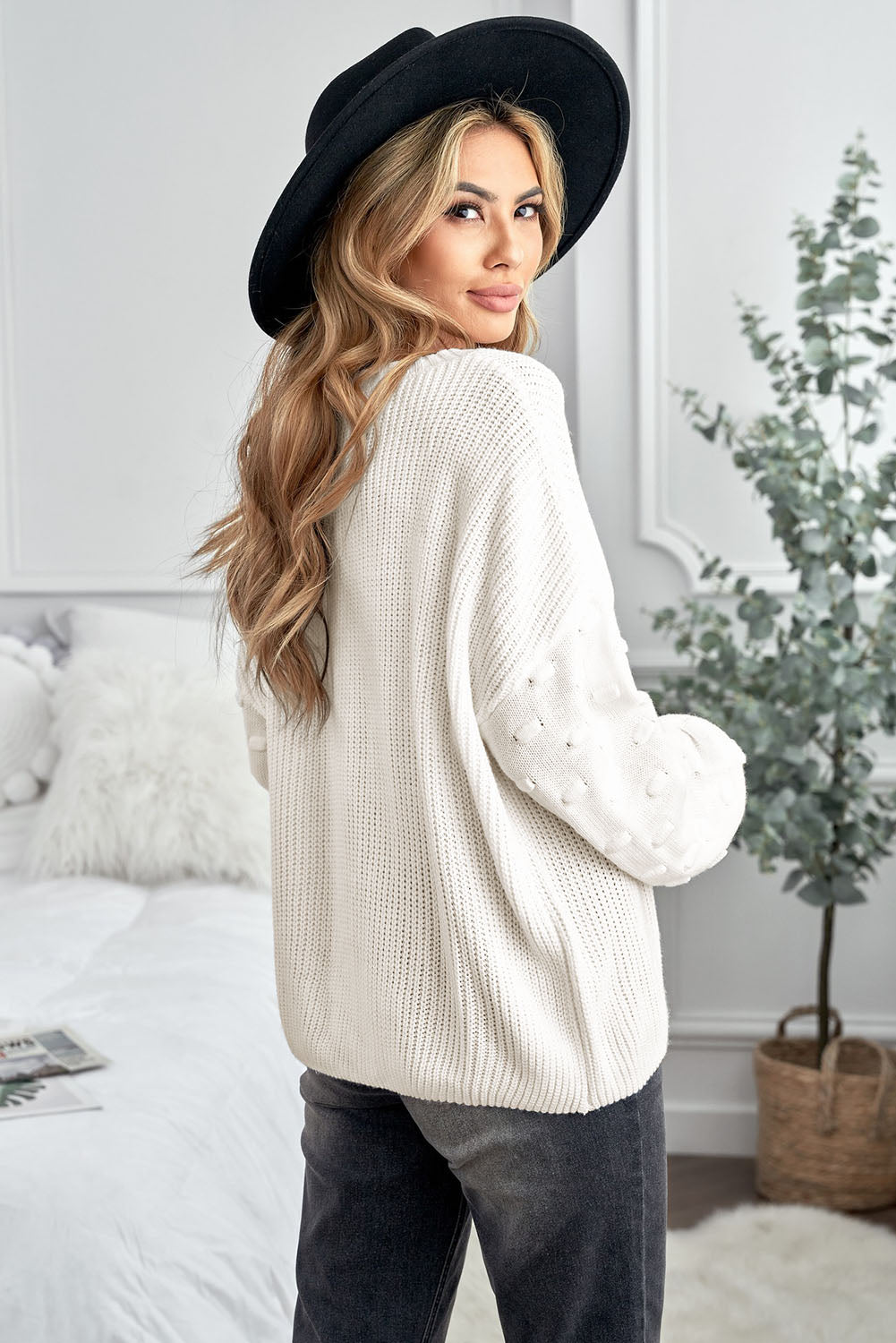 Casual Bubble Sleeve Cropped Knit Sweater