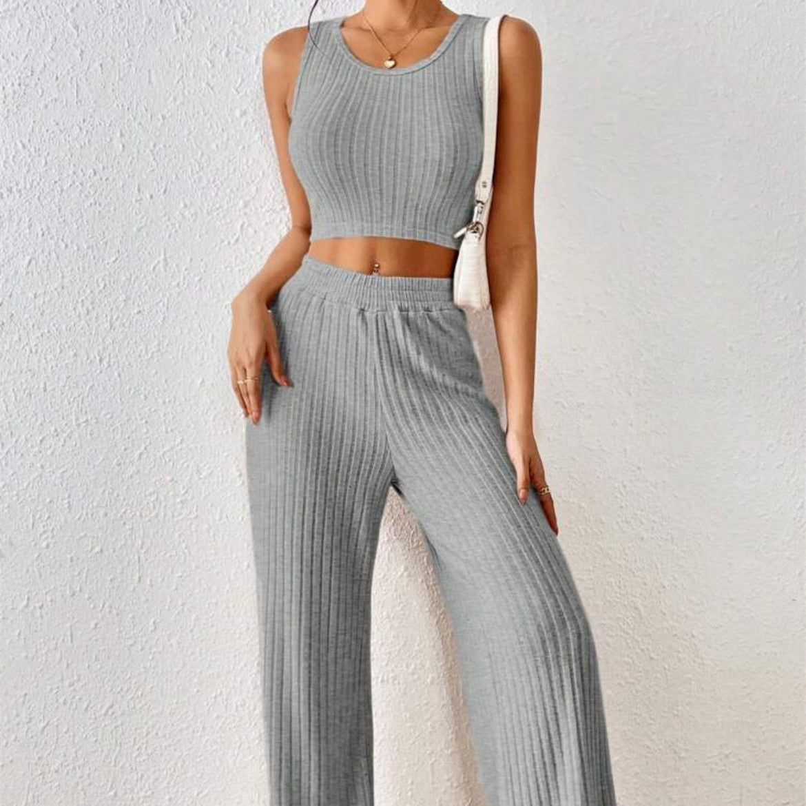 Fashionable Knitted Vest High Waist Trousers Suit