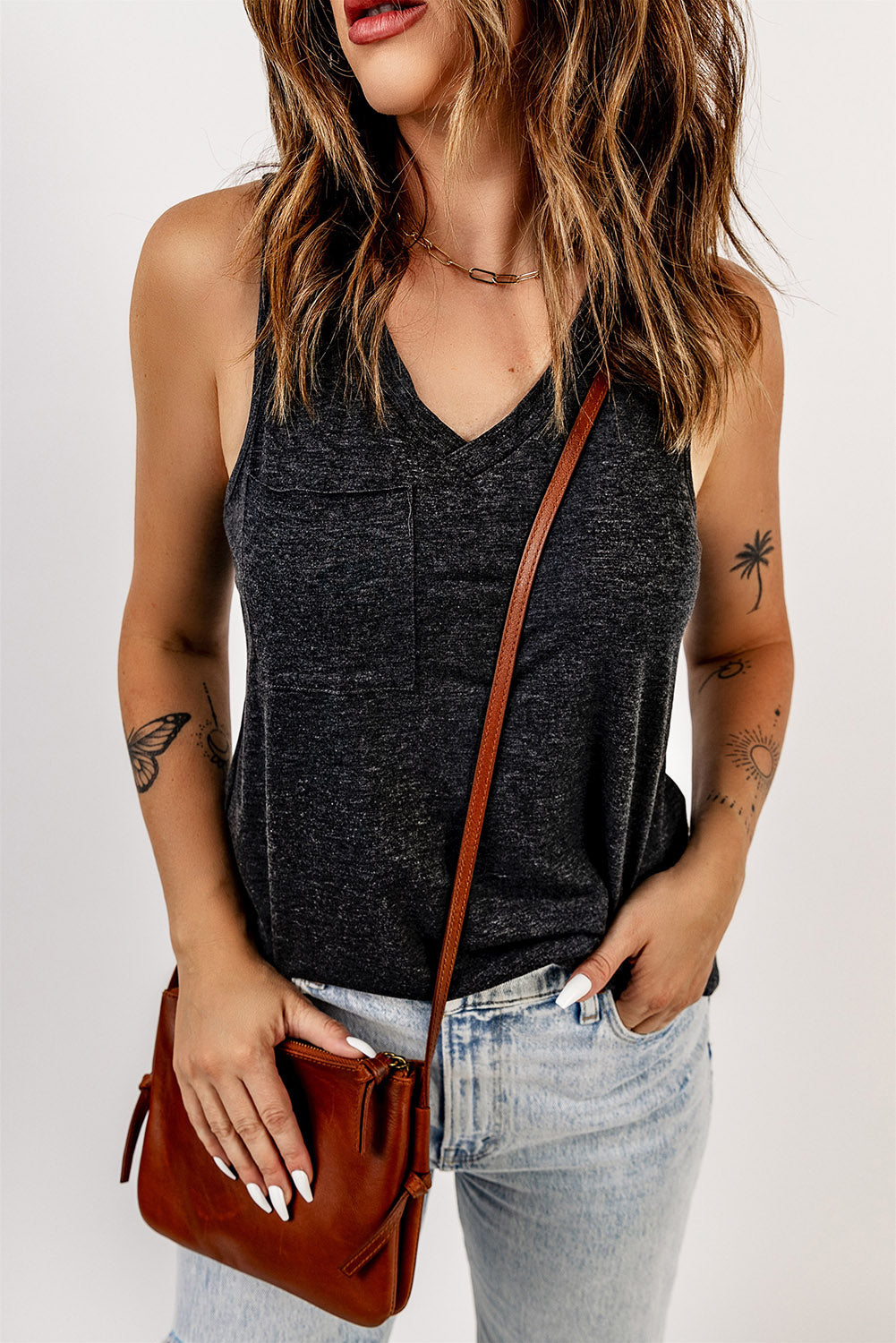 Casual V Neck Racerback Tank Top With Pocket