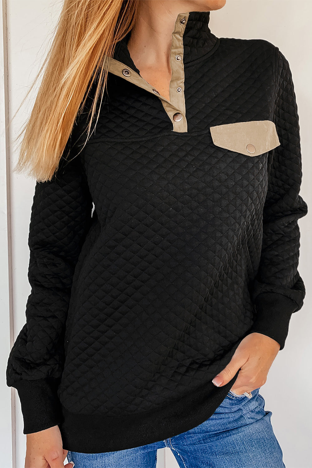Black Stand Collar Quilted Snap Button Sweatshirt