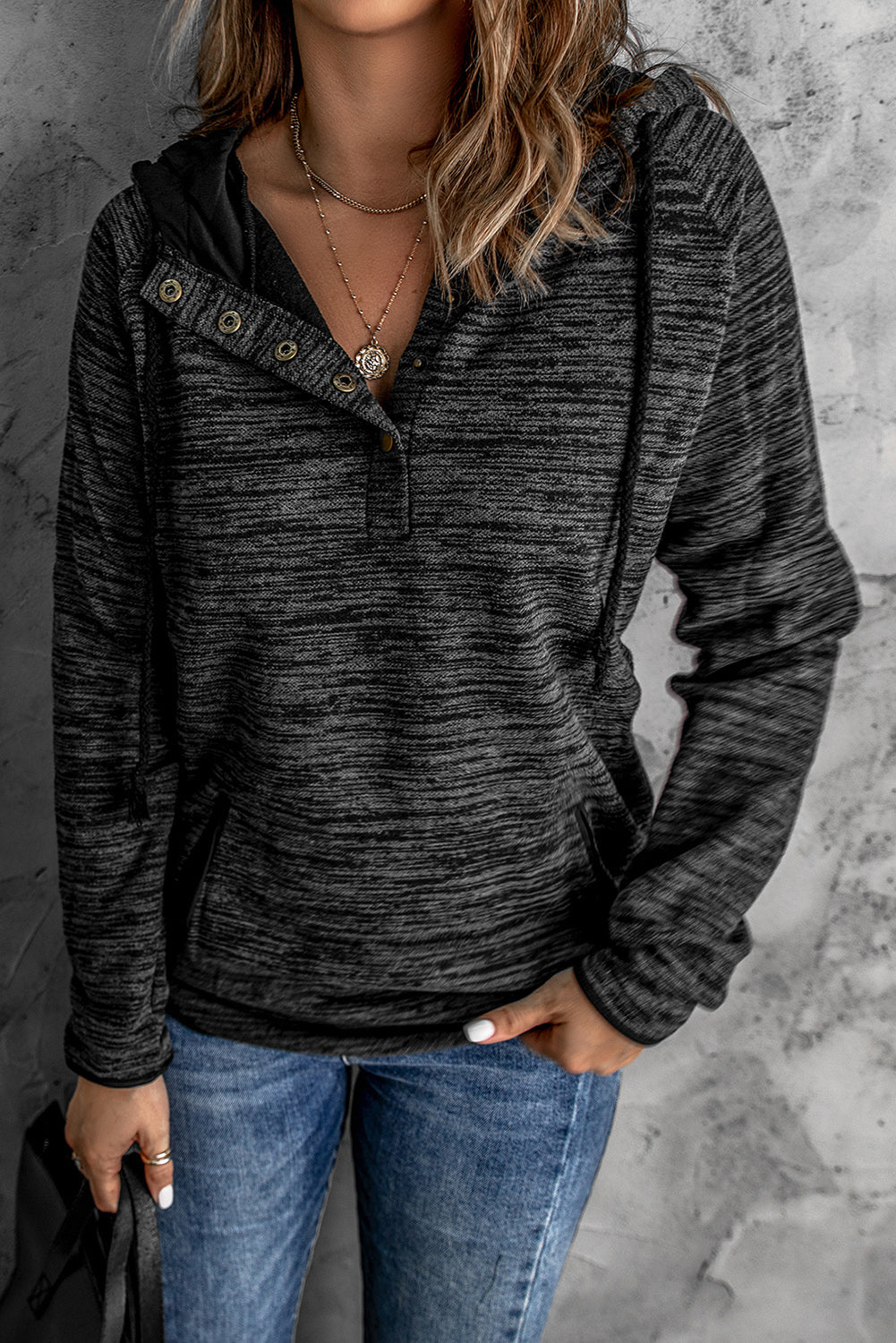 Grey Snap Button Long Sleeve Pullover Hoodie for Women