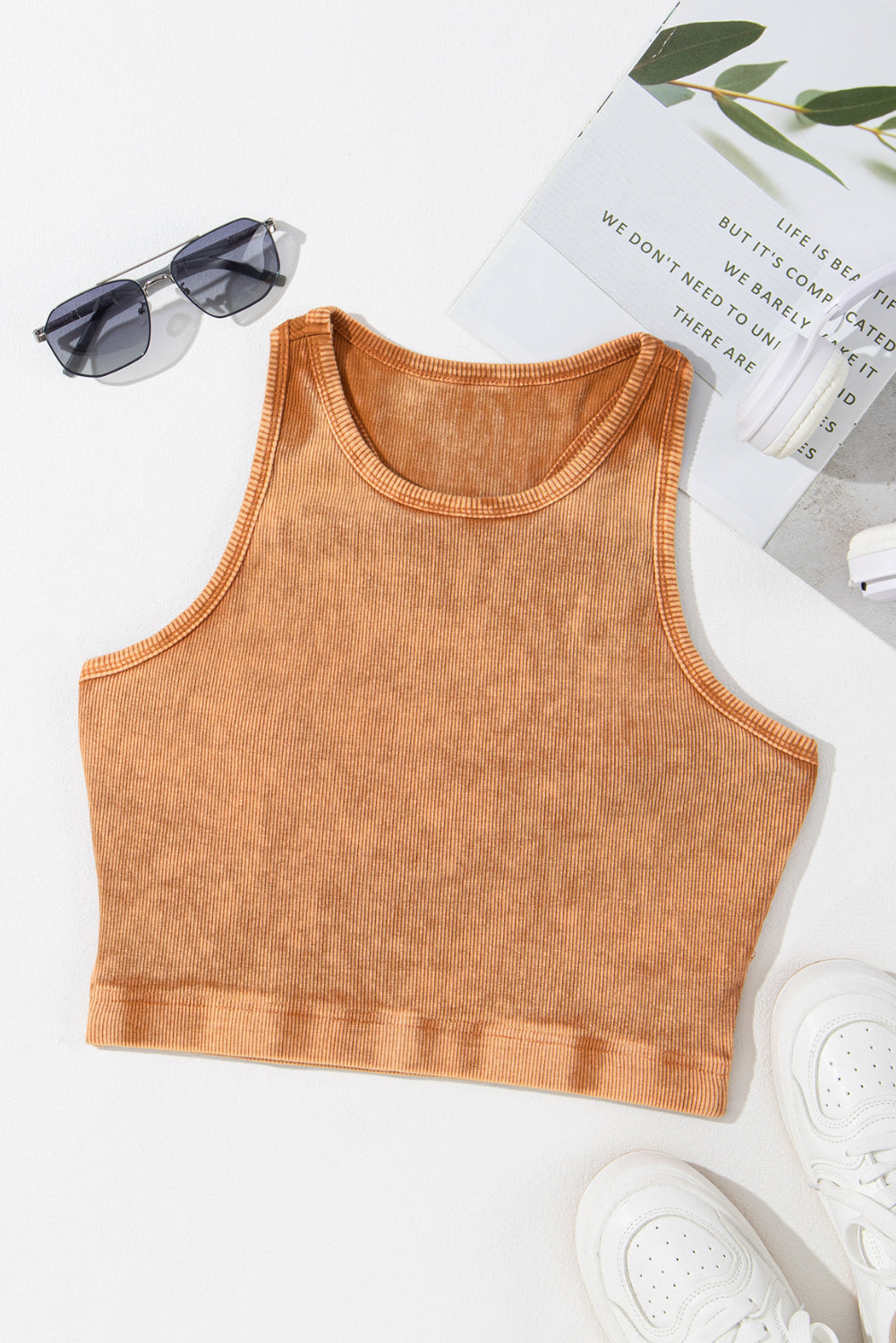 Purple Ribbed Mineral Wash Racerback Cropped Tank Top