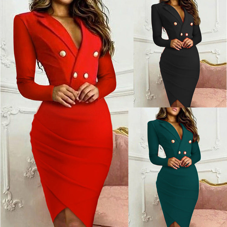 Solid Color V-neck Suit Pleated Slim-fit Sheath Dress For Women