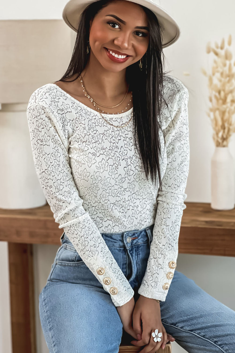 White Basic Cuffed Lace Backless Long Sleeve Top