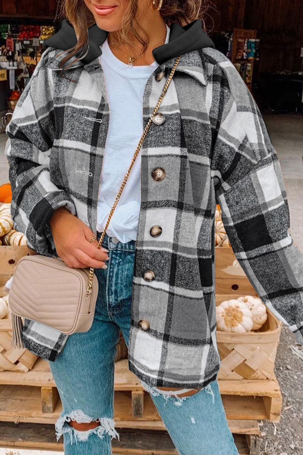 Gray Plaid Button Front Drop Sleeve Hooded Shacket
