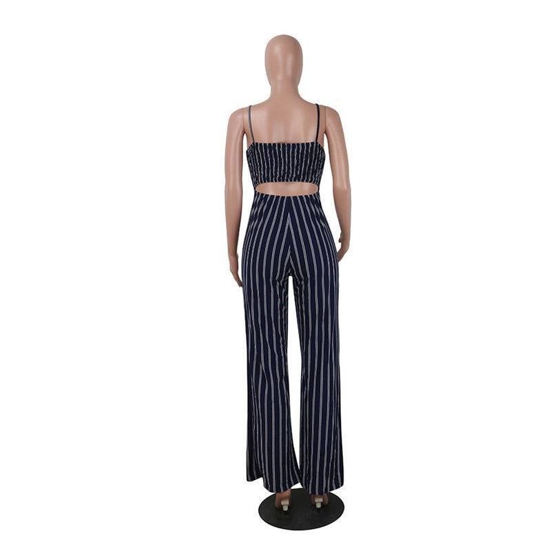 Blue Bodycon Backless Stripe Jumpsuits Women Sexy Party Clubwear Jumpsuits Casual Bowtie Overalls Jumpsuit Plus Size