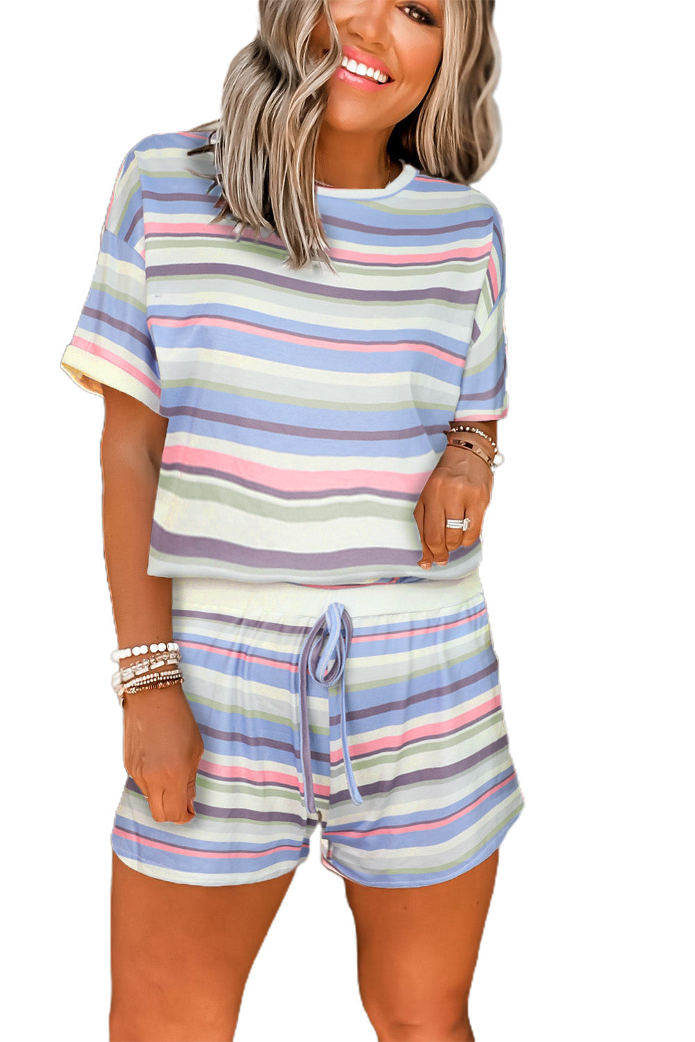 Striped Print Tee & Drawstring Shorts Loungewear Set
