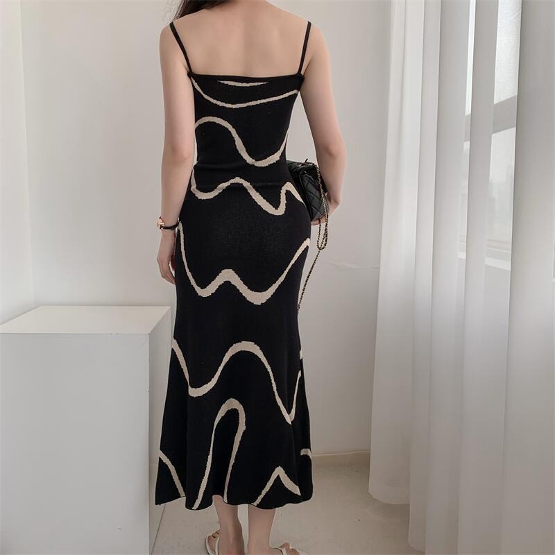 Summer New Strap Knit Dress Wave Pattern Gentle Casual Dress Children's Mid Length