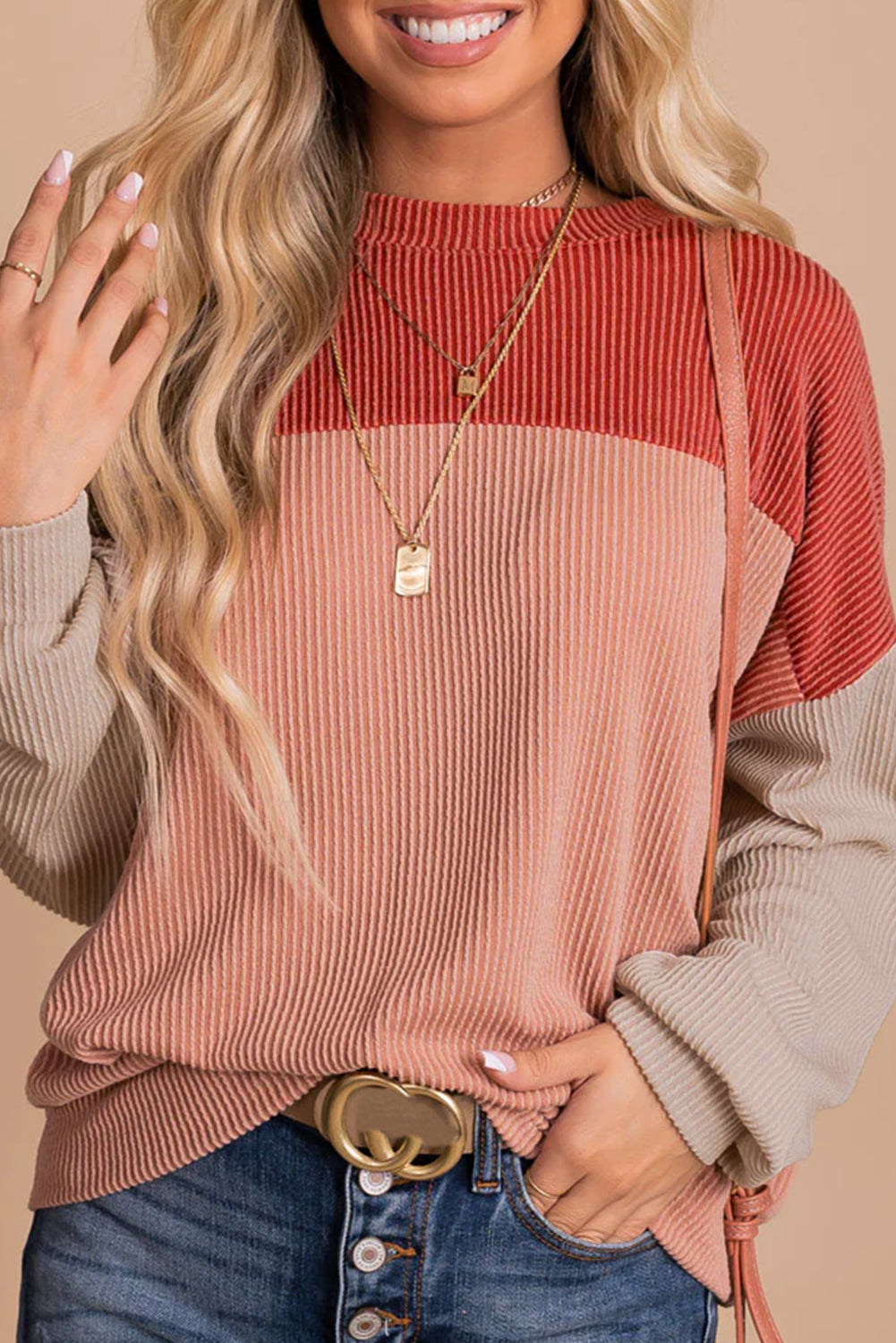 Red Color Block Cording Loose Long Sleeve Top