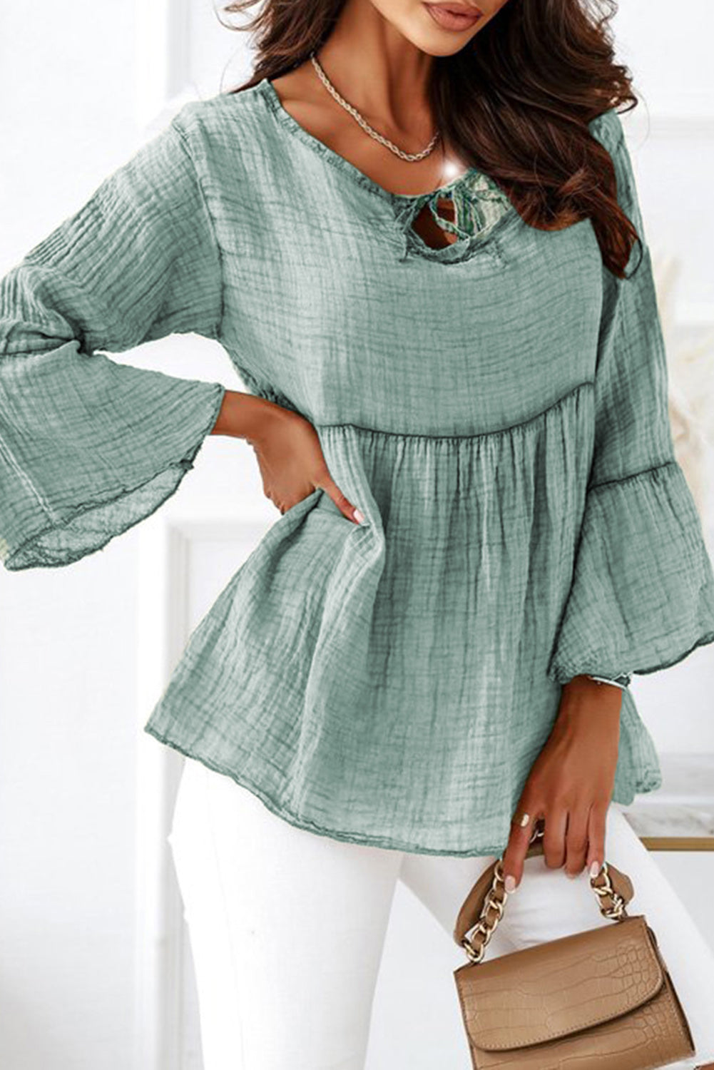 Crinkle Lace Up Round Neck Bell Sleeve Blouse
