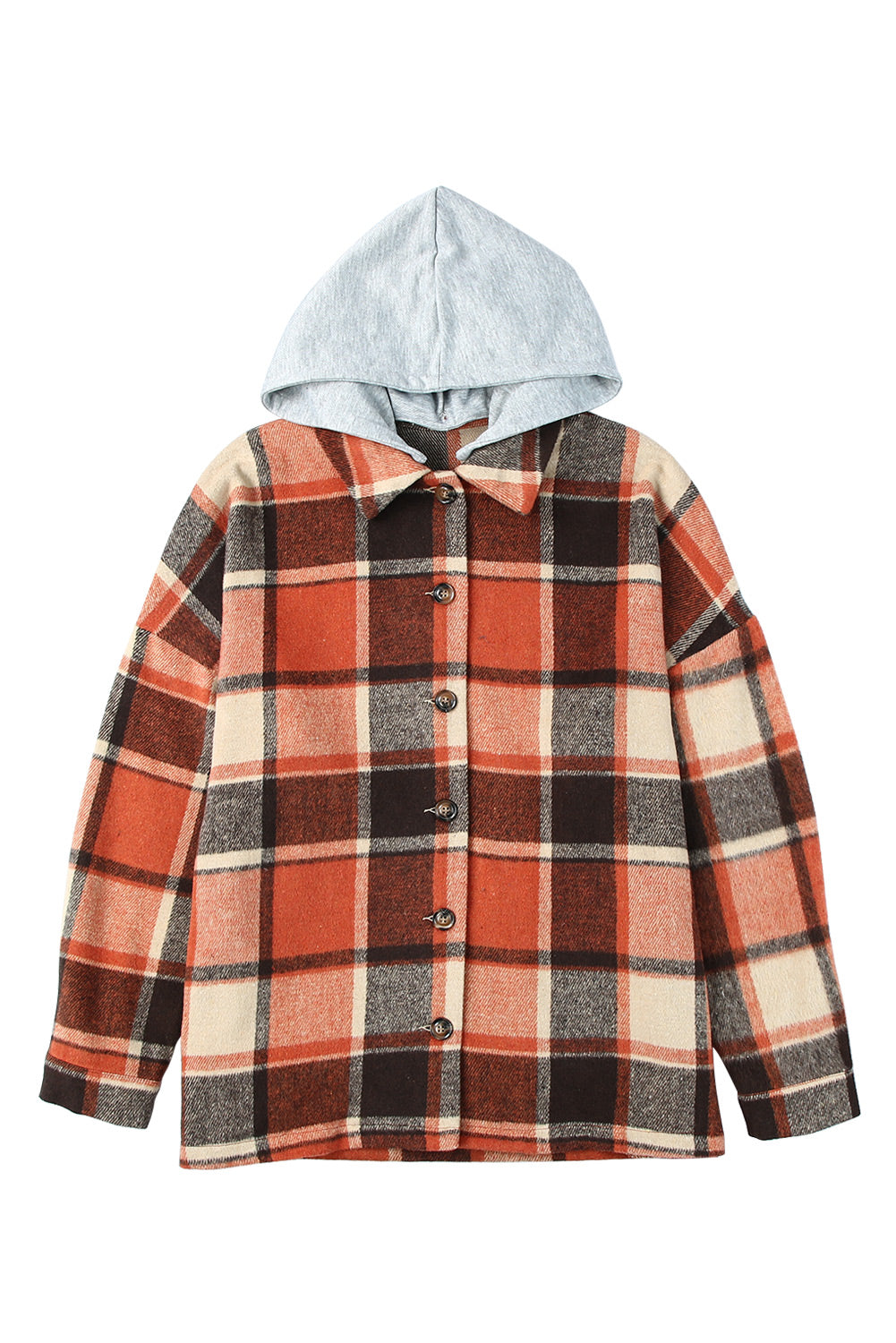 Gray Plaid Button Front Drop Sleeve Hooded Shacket