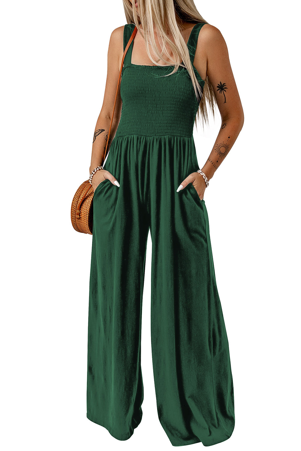 Casual Smocked Sleeveless Wide Leg Jumpsuit With Pockets