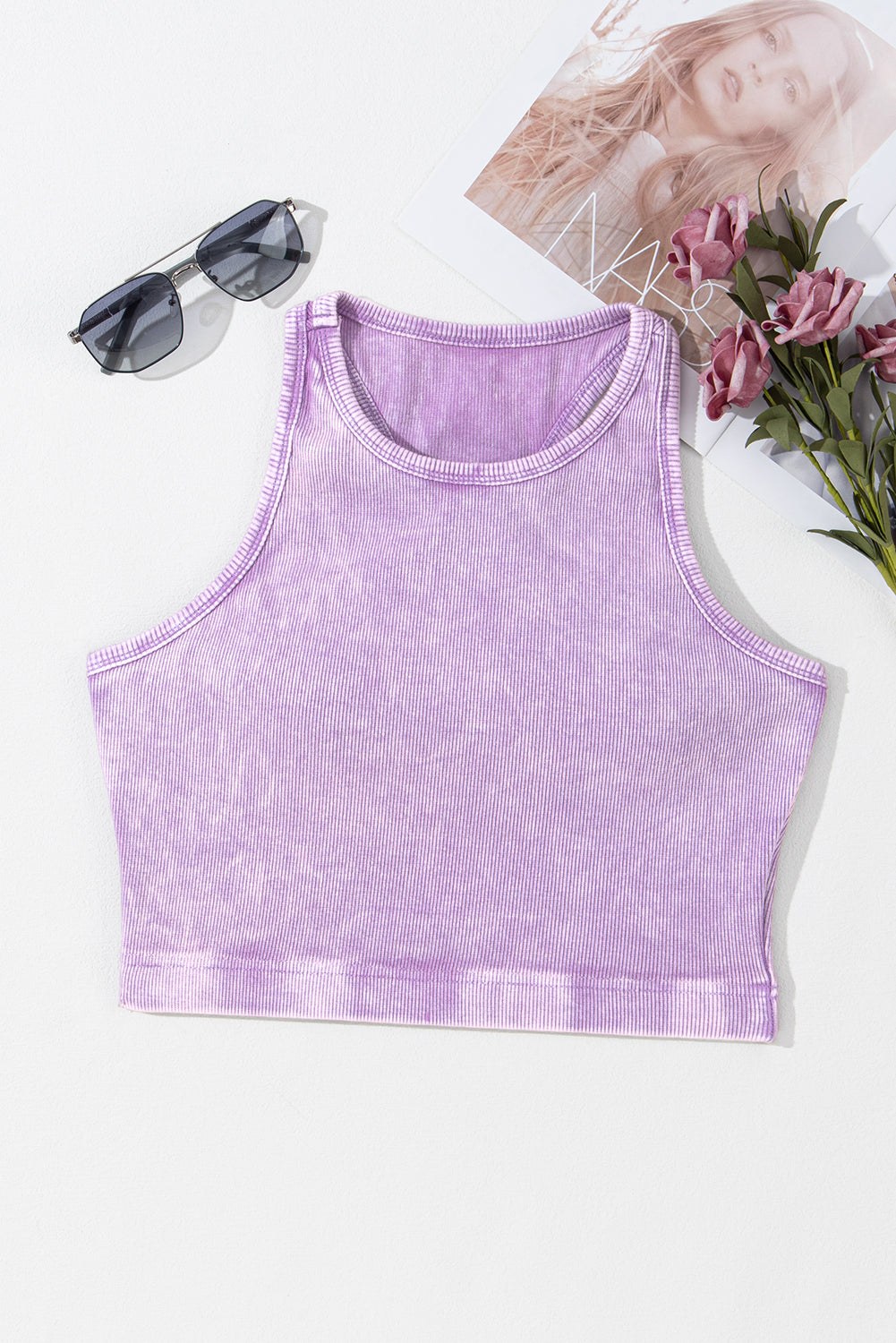 Purple Ribbed Mineral Wash Racerback Cropped Tank Top