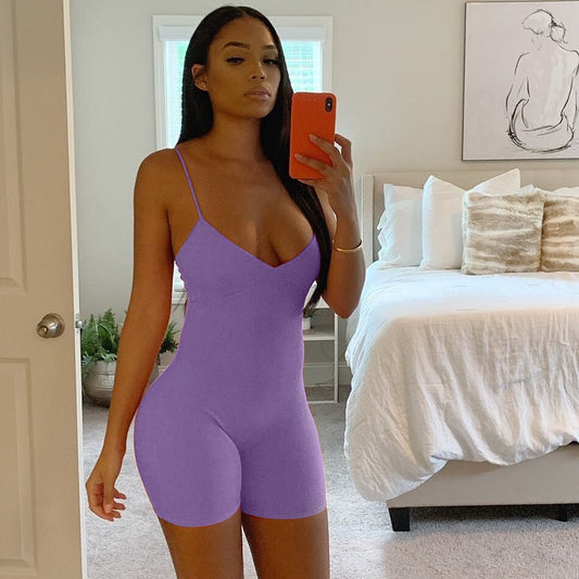 NCLAGEN Summer Sleeveless V Neck Bodycon Rompers Women Streetwear Fitness Spaghetti Strap Playsuit Short Jumpsuit Outfit