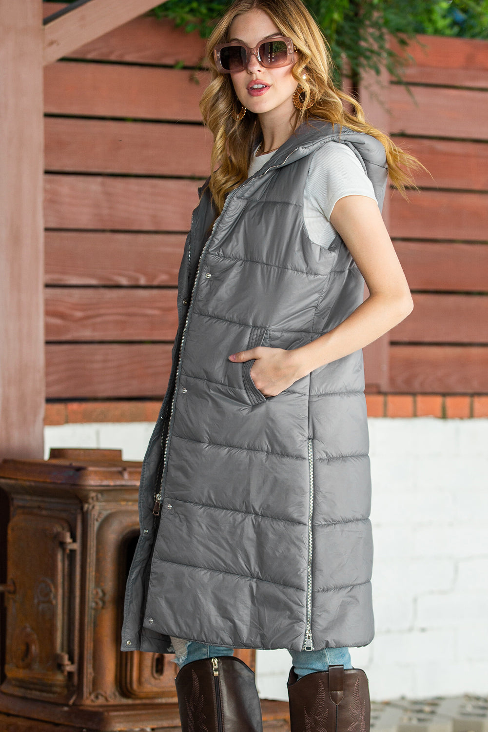 Brown Hooded Pocketed Quilted Long Vest Coat